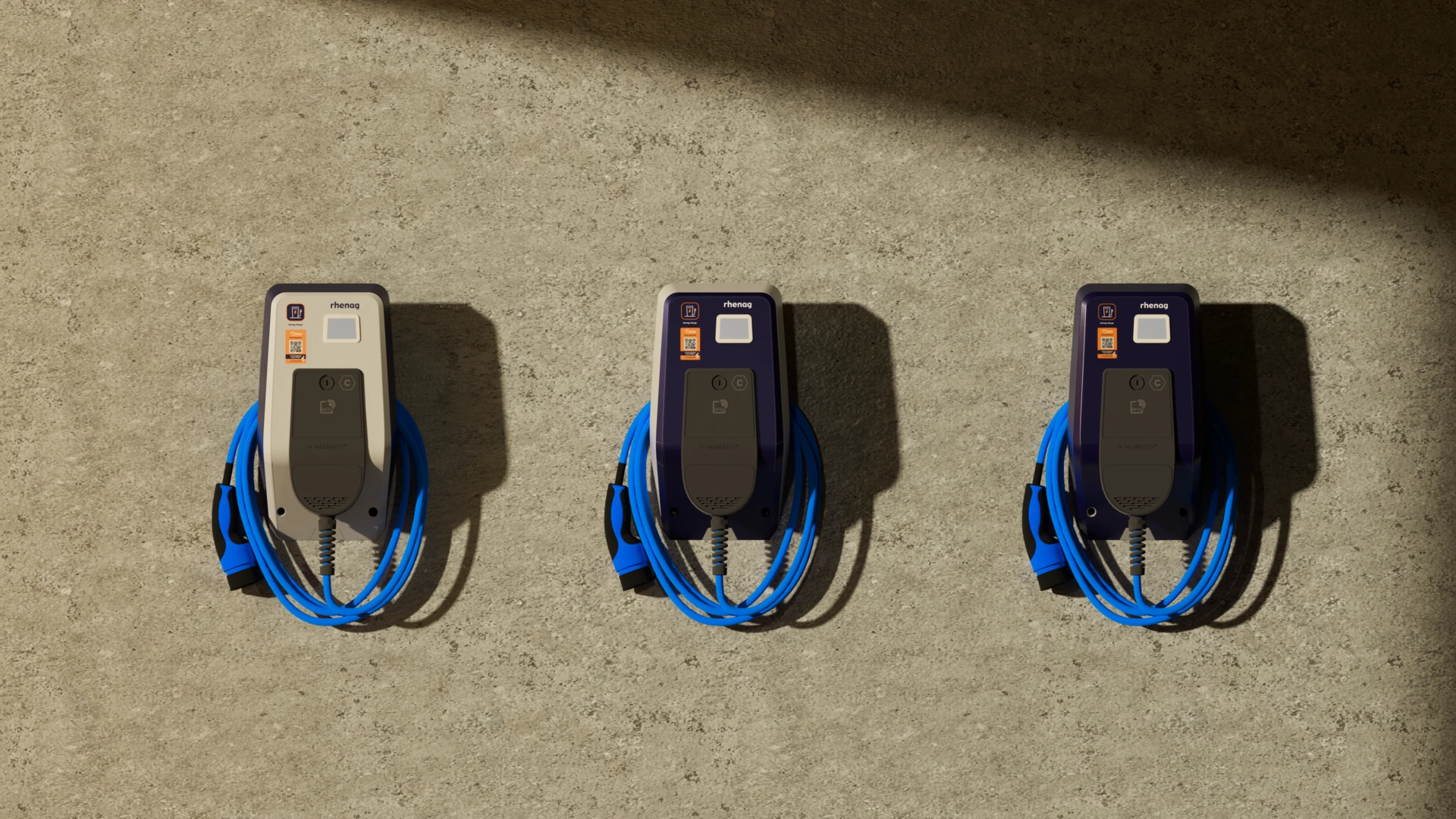 rhenag drei rhenag-charge Wallboxen nebeneinander in verschiedenen Farbvarianten