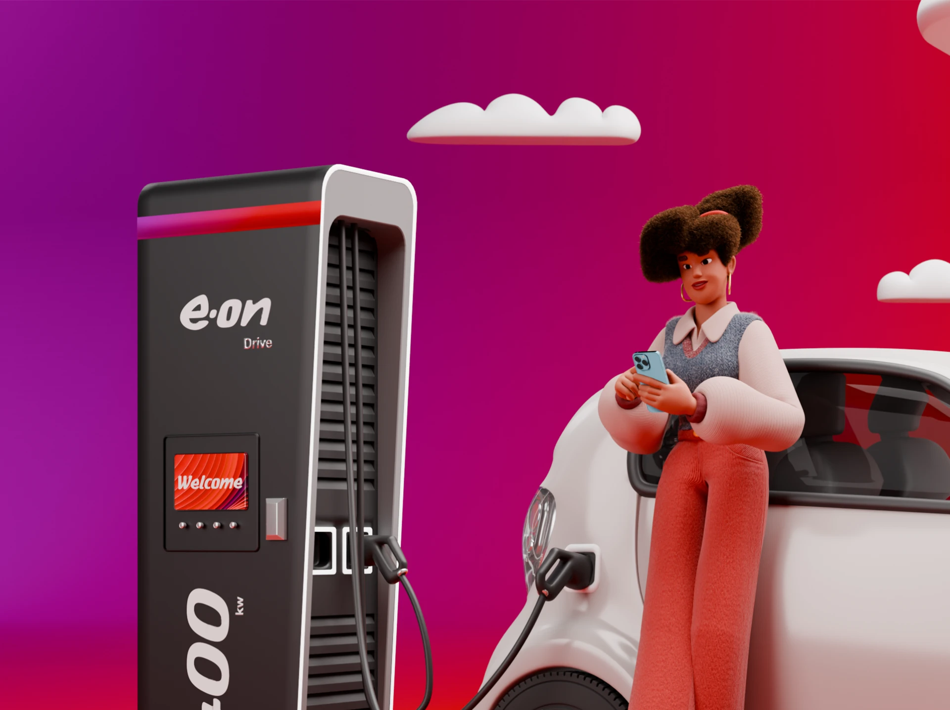 Teaser E.ON Character: Frau an E-Ladestation mit Elektroauto, rot