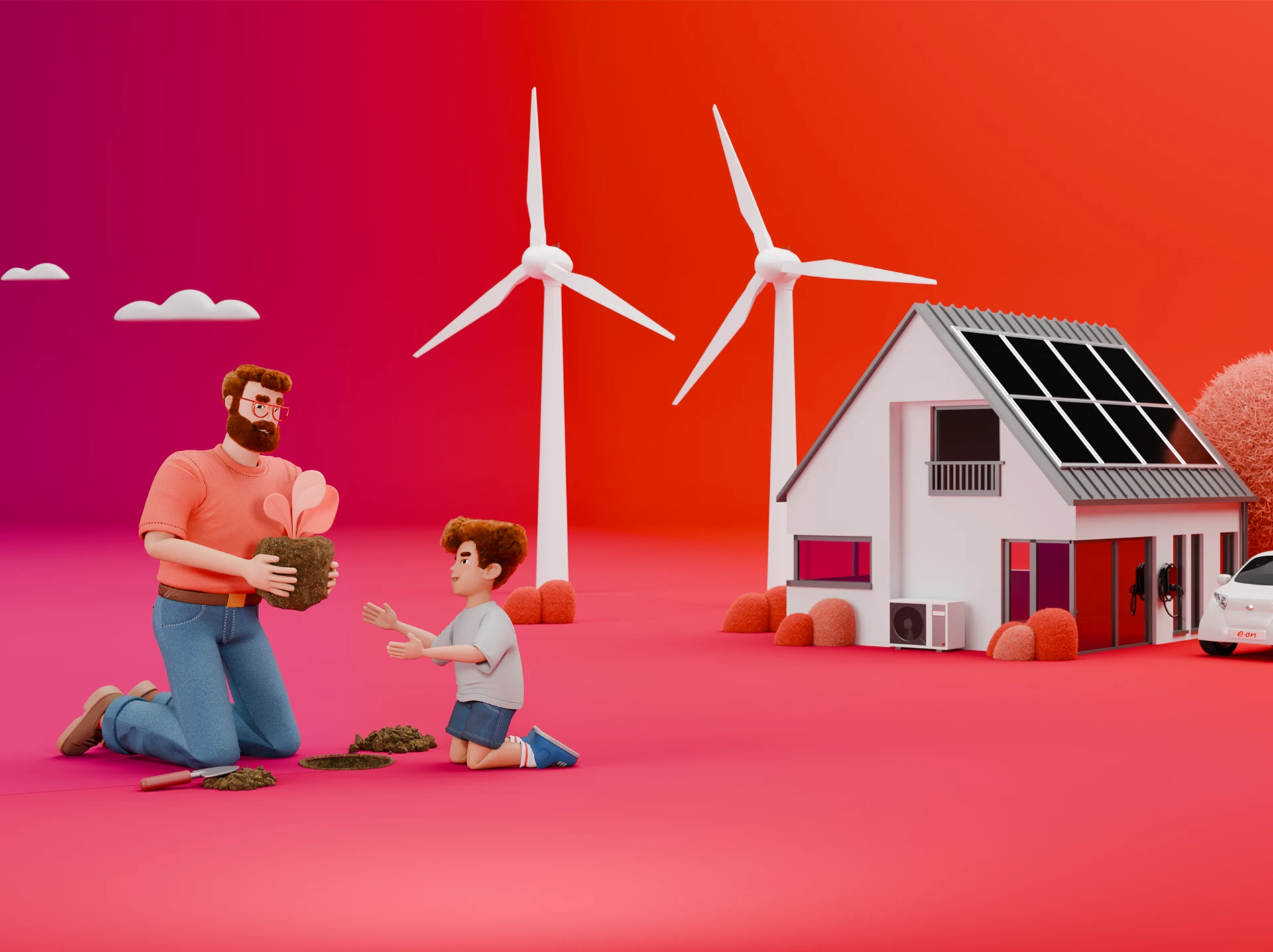 E.ON Character: Vater und Sohn pflanzen