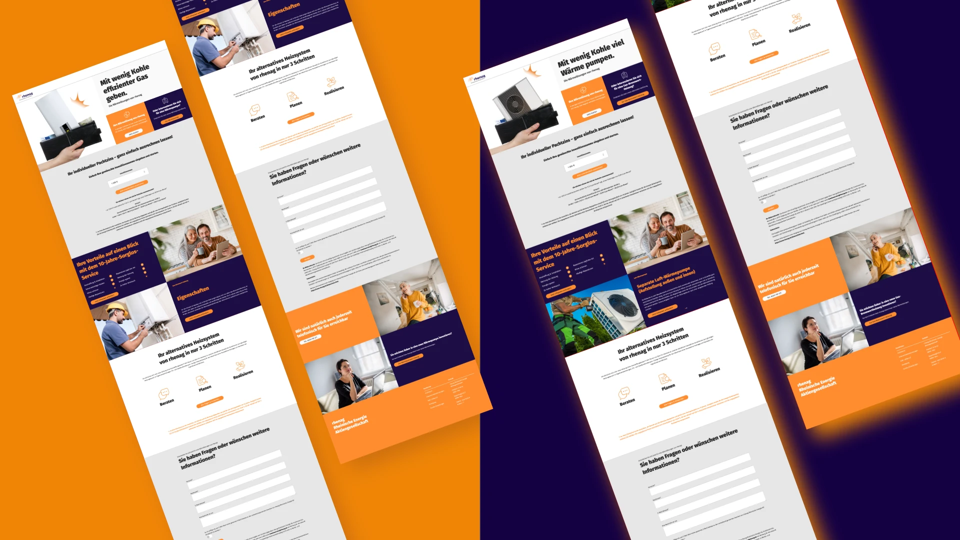 rhenag Designsystem im Einsatz auf Website auf orange und dunkellila Hintergrund