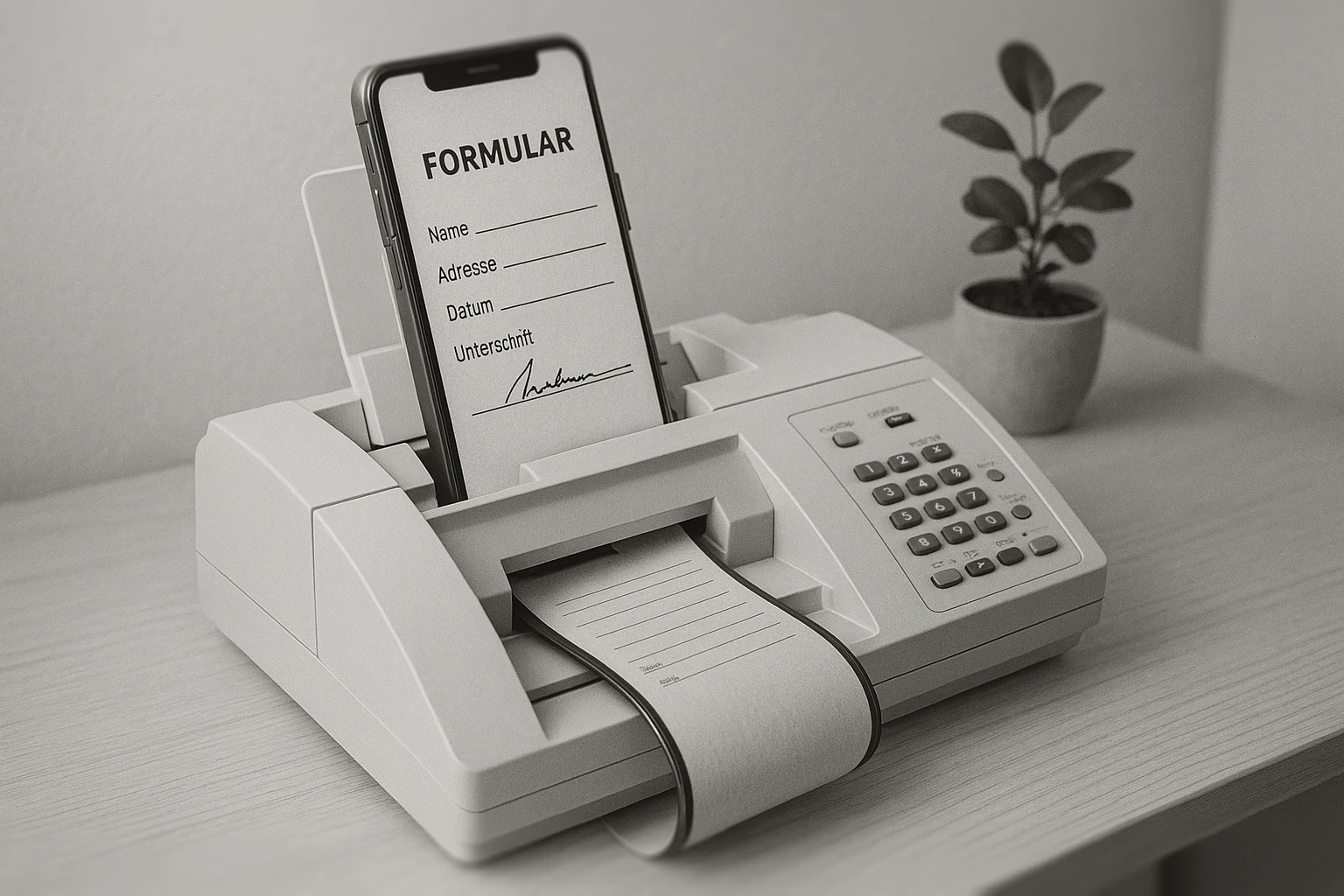Prozessdigitalisierung, Formular wird durch Drucker mit Taschenrechner-Tasten in digitales Formular auf Smartphone umgewandelt