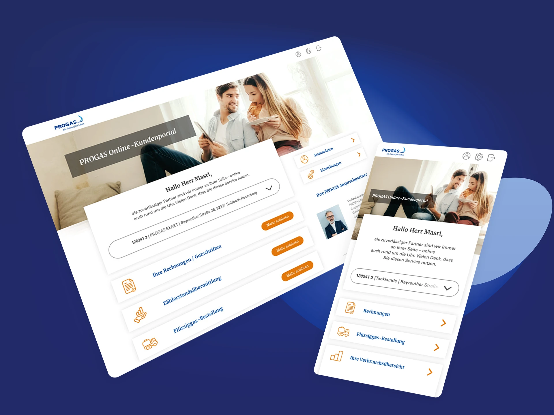 PROGAS Teaser Mockup Kundeportal Landingpage in Desktop- und Mobile-Ansicht
