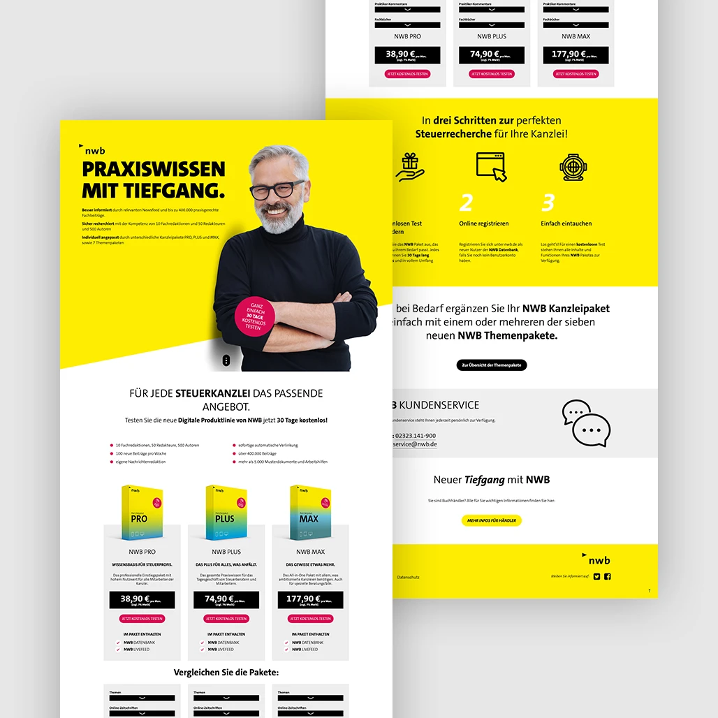 nwb nautilus Praxiswissen im Tiefgang Landingpage für Steuerprofis, digitale Produktlinie selbst konfigurieren 