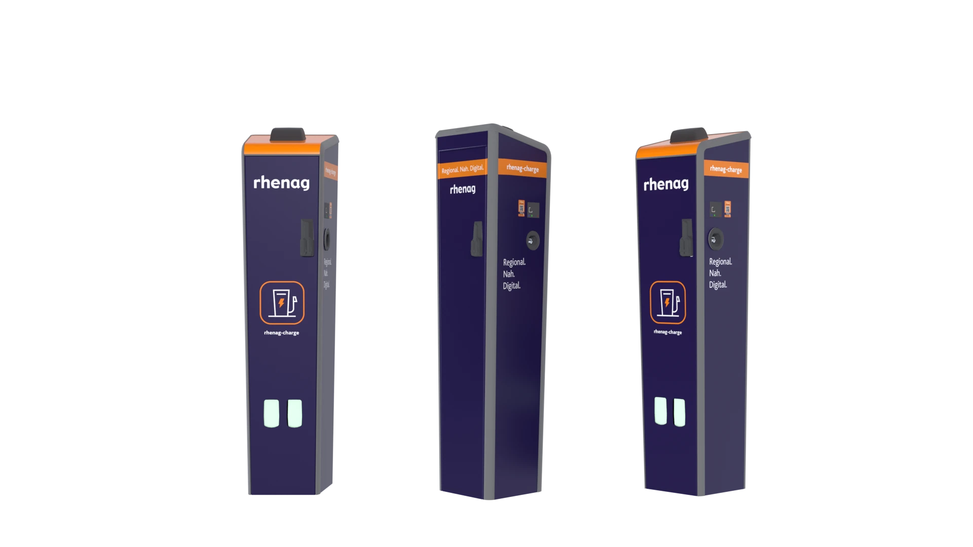 rhenag rhenag-charge Ladesäulen aus verschiedenen Perspektiven freigestellt
