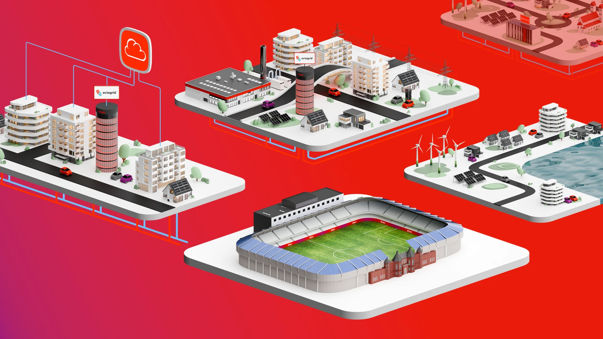 E.ON Interaktive Tische: Stadion mit PV Dach, E-Mobility, Ectogrid, Quartier