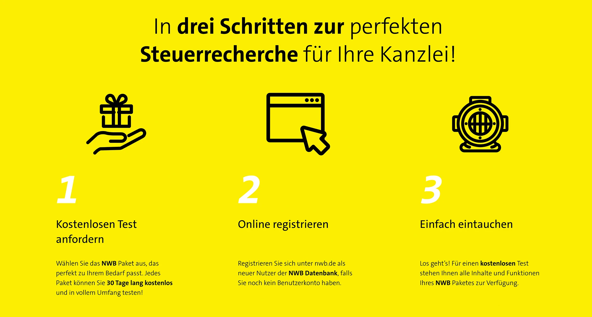 nwb nautilus Praxiswissen im Tiefgang Landingpage In drei Schritten zur perfekten Steuerrecherche für Ihre Kanzlei
