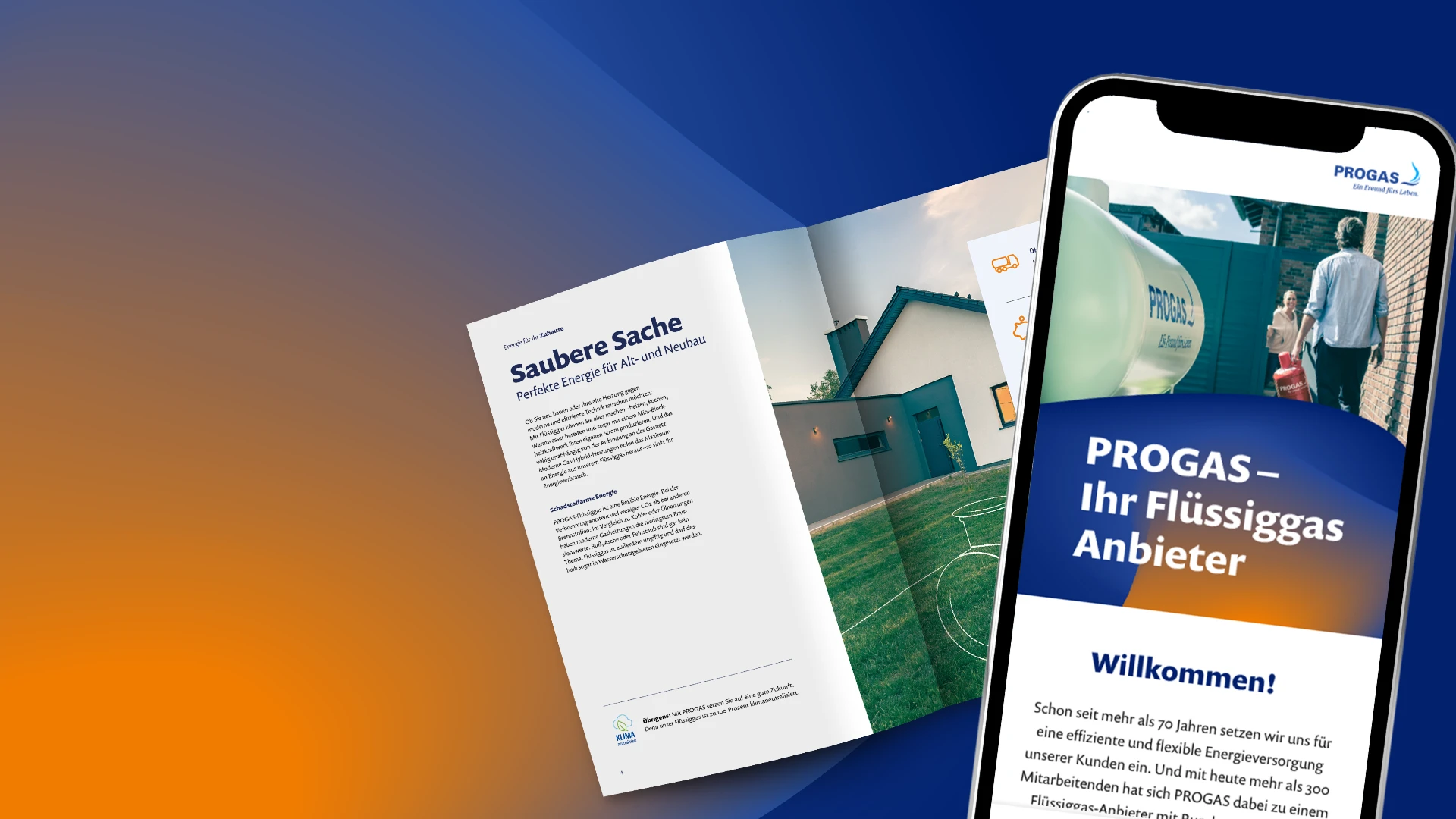 PROGAS Corporate Design Relaunch Smartphone Handy Mockup mit mobile Website und aufgeschlagene Doppelseite von Printprodukt Magazin, Schmuckelement Liquid in orange im Hintergrund