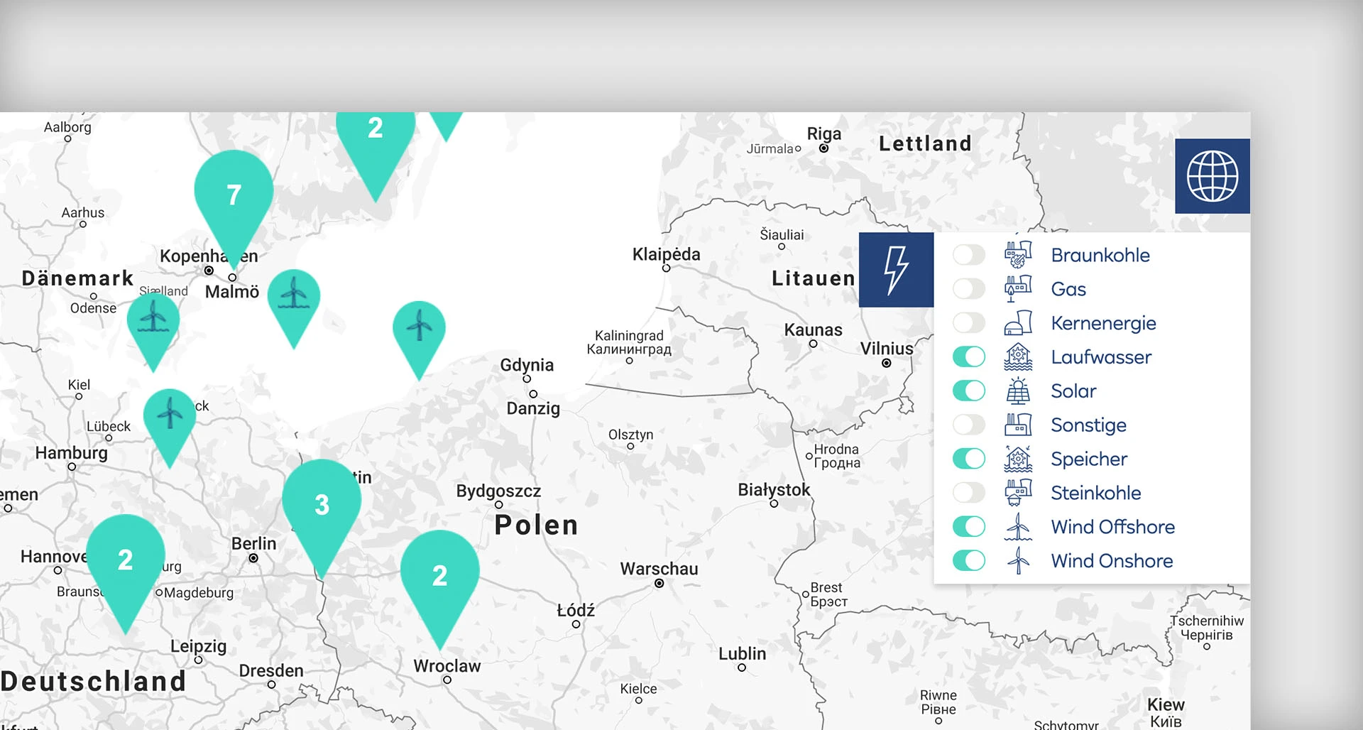 RWE Stromerzeugung Web-App Map Pins Energiequellen