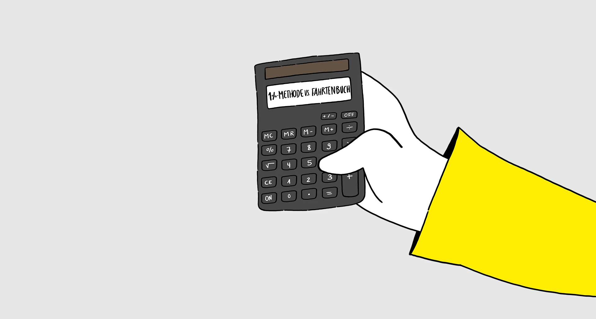 nwb nautilus Illustration: Display des in einer Hand gehaltenen Taschenrechners zeigt "1%-Methode vs. Fahrtenbuch" an