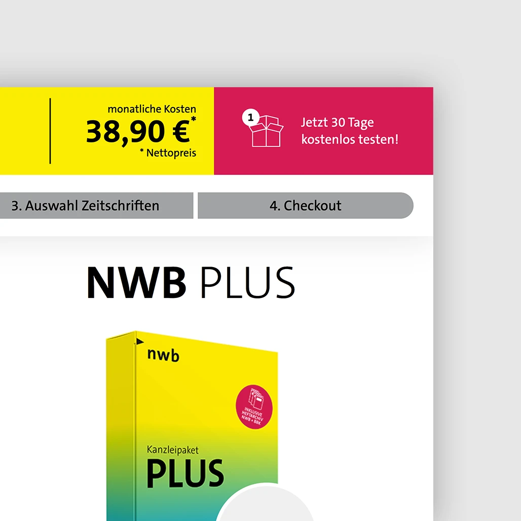 nwb nautilus Praxiswissen im Tiefgang Landingpage für Steuerprofis, digitale Produktlinie selbst konfigurieren, Fokus auf monatliche Kosten und Angebot zur Probe